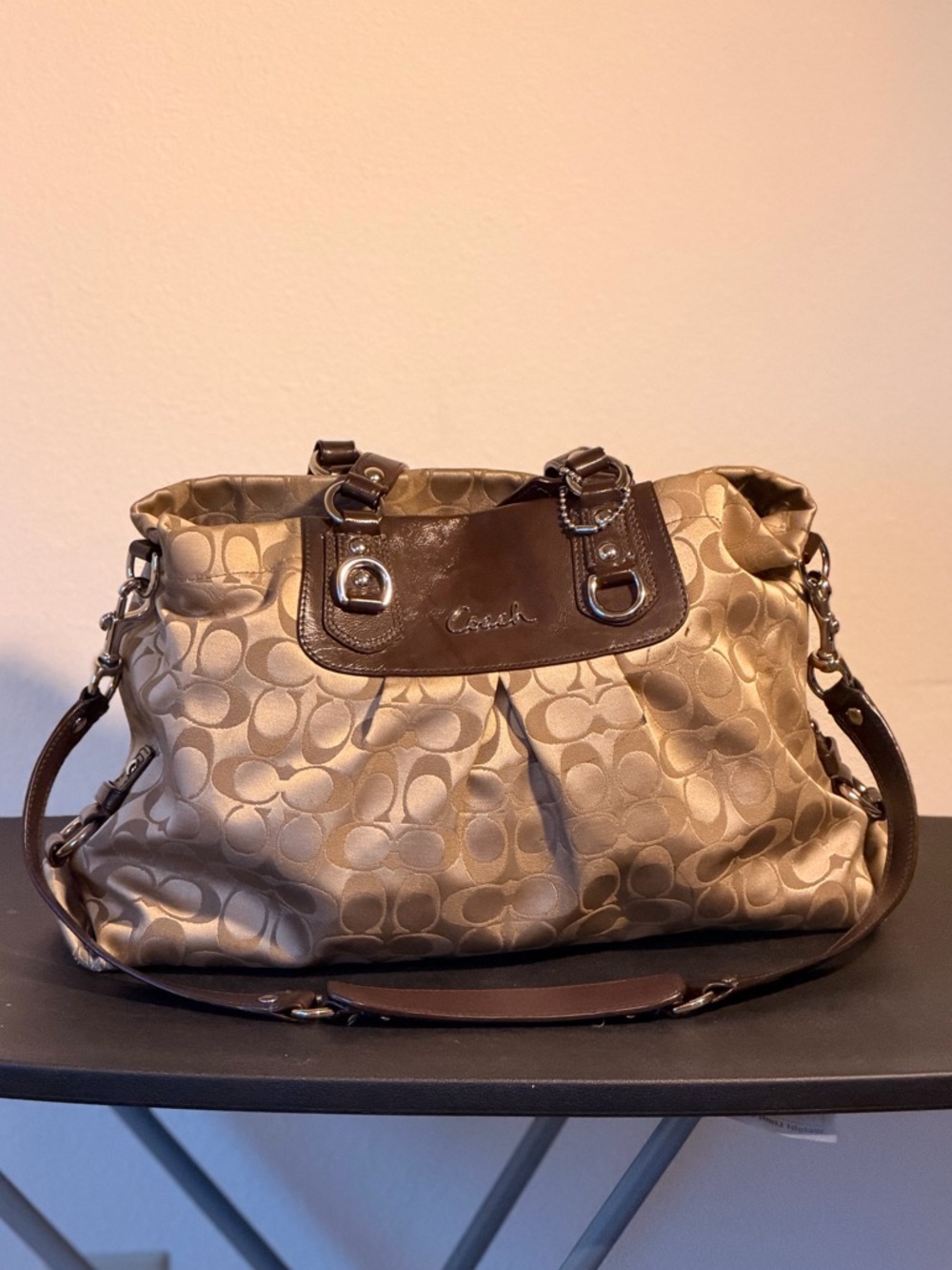 Coach Beige Signature Jacquard Shoulder Bag with Brown Leather Trim